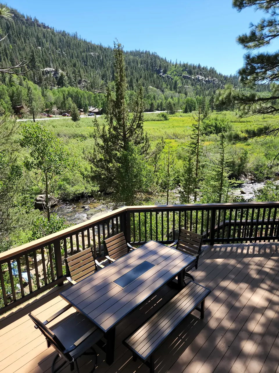 Outdoor dining table on the cabin deck overlooking pine trees and the green Hope Valley landscape.